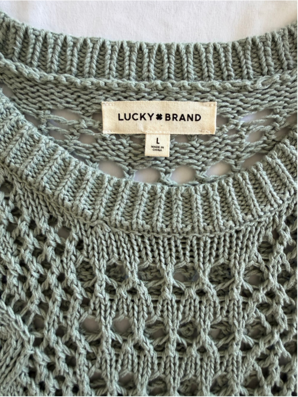 Women's Lucky Brand Green Crochet Knit Crew Neck Sweater Size L - Picture 7 of 10